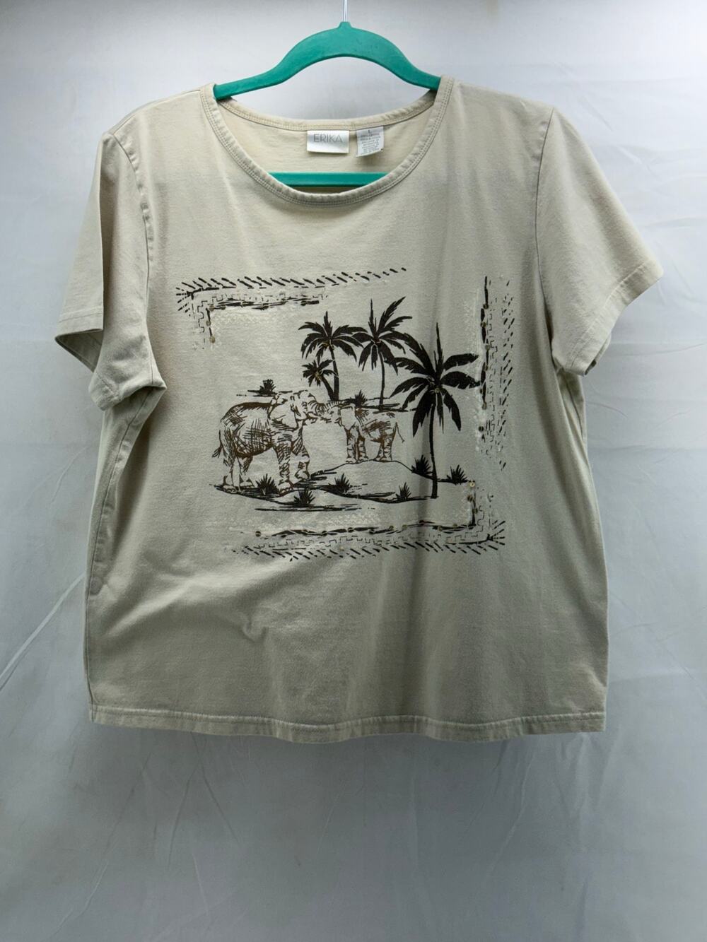 Vintage Erika Beaded T-Shirt Women’s Large Beige Brown casual streetwear